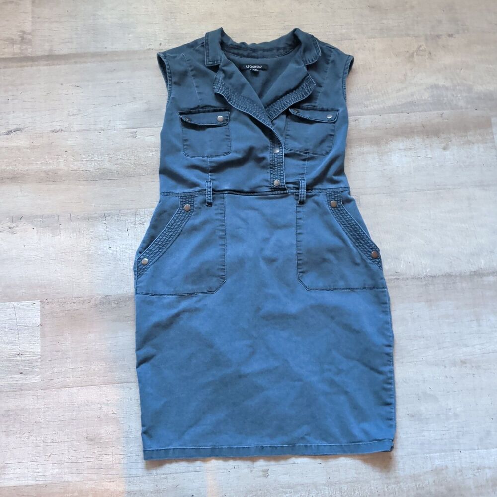 Le Chateau Blue Denim Utility Shirt Dress Collared Front Pockets Size XL